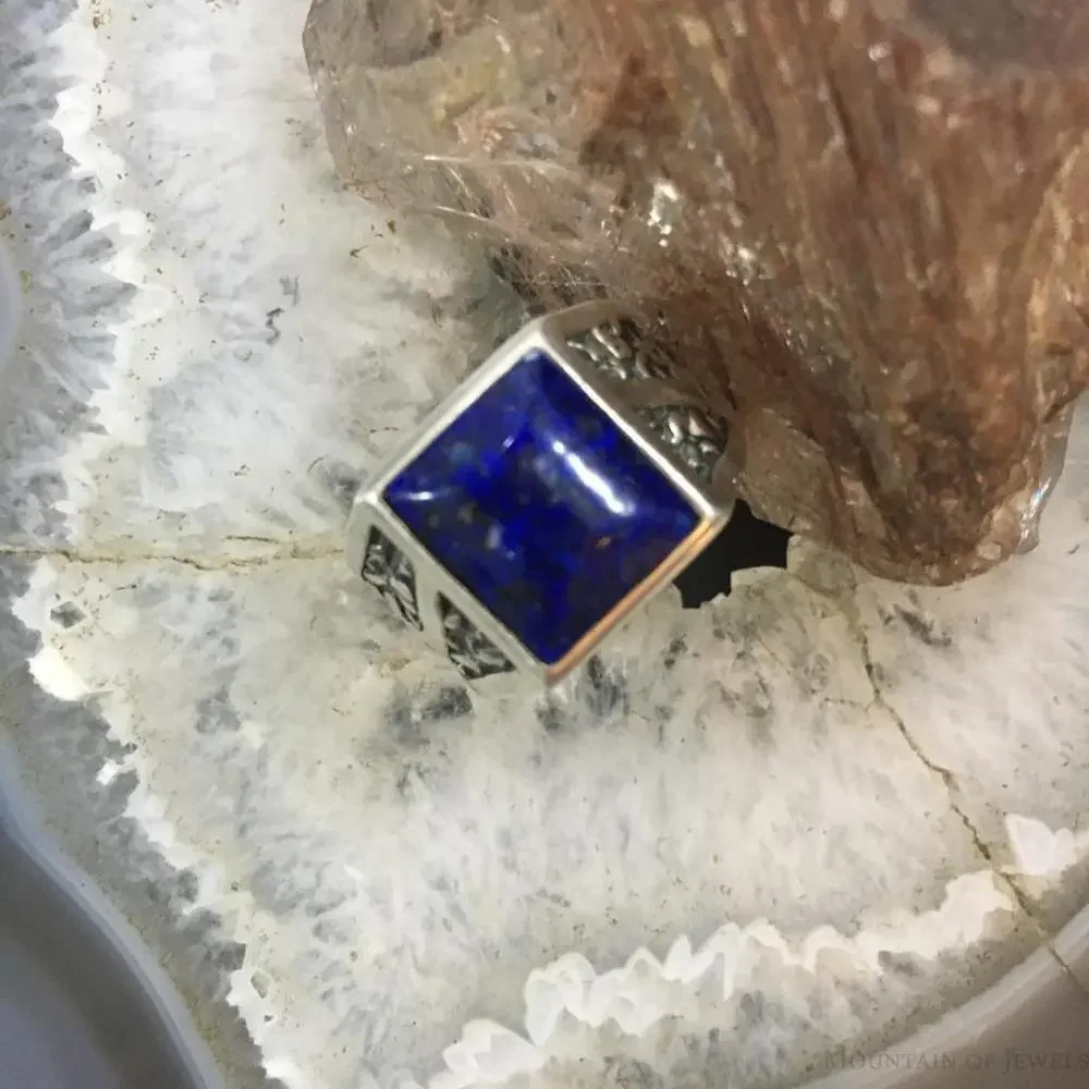 Carolyn Pollack Sterling Silver Square Denim Lapis Decorated Unisex Shield Ring